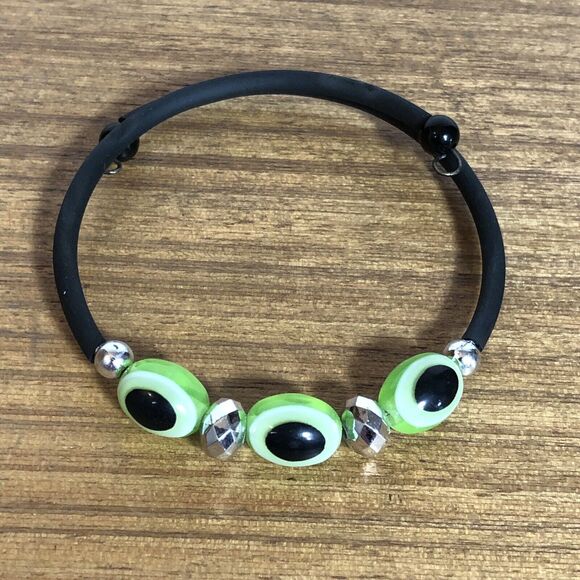 Evil Eye Memory Wire Bracelet Rope Unisex, Green and Black New Beaded Boho - Picture 2 of 5